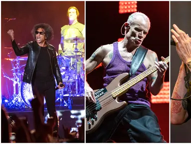 Foto kolase Flea dari Red Hot Chili Peppers (tengah), William Duvall dari Alice In Chains (kiri), dan Brandon Boyd dari Incubus (kanan) saat tampil pada festival musik Louder Than Life di Kentucky Exposition Center, Louisville, Kentucky, Amerika Serikat, 25 September 2022. (Photo by Amy Harris/Invision/AP)