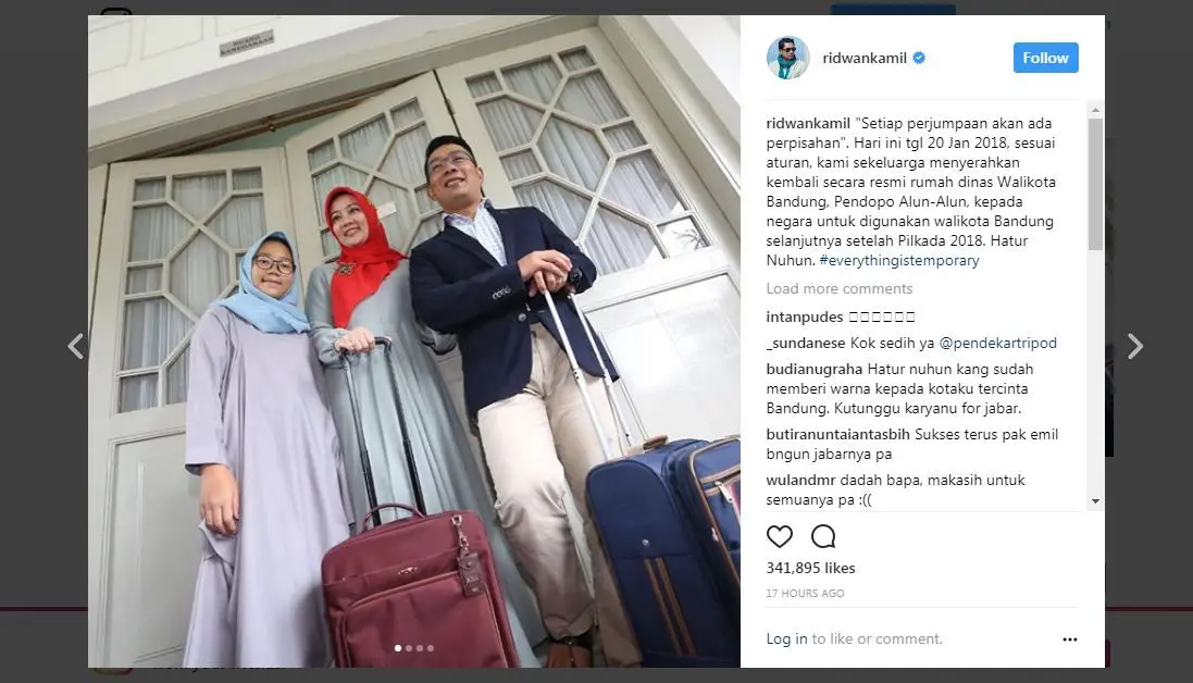 Gaya Ridwan Kamil dan keluarga saat pindah rumah. (Instagram Ridwan Kamil)