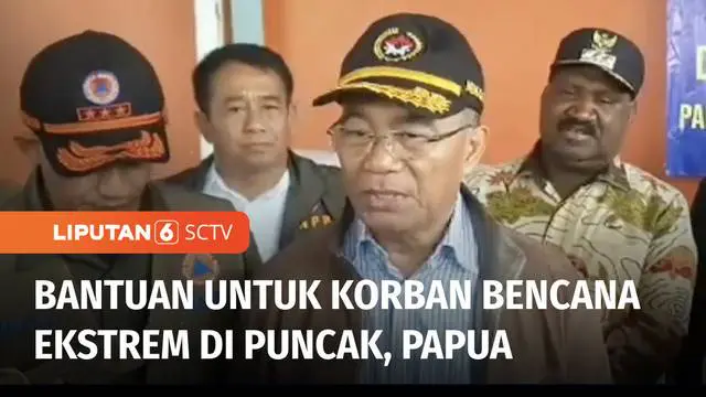 Menko PMK, Muhadjir Effendy menyerahkan bantuan kepada warga terdampak cuaca ekstrem di Kabupaten Puncak, Papua Tengah. Untuk membantu warga terdampak bencana, pemerintah berjanji akan membangun lumbung pangan di Kabupaten Puncak.