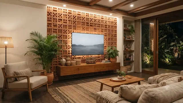 Dinding TV dengan Kombinasi Roster dan Lampu LED