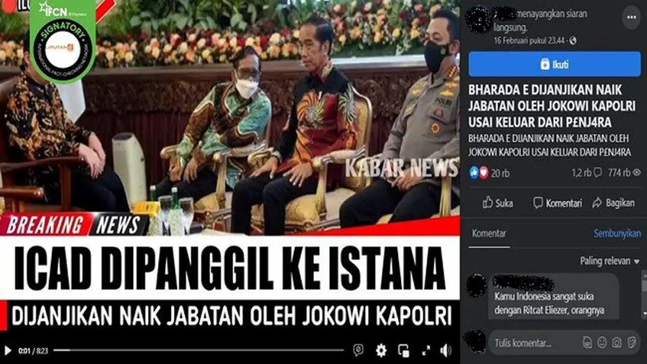 Gambar Tangkapan Layar Kabar Hoaks Richard Eliezer Dipanggil Jokowi ke Istana Kepresidenan dan Dijanjikan Naik Jabatan (sumber: Facebook).