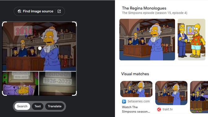 <p>Penelusuran klaim The Simpsons prediksi waktu Ratu Elizabeth II meninggal dengan Google Image</p>