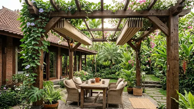 Inspirasi Teras Belakang dengan Atap Pergola dan Penutup Hujan yang Dapat Dibuka