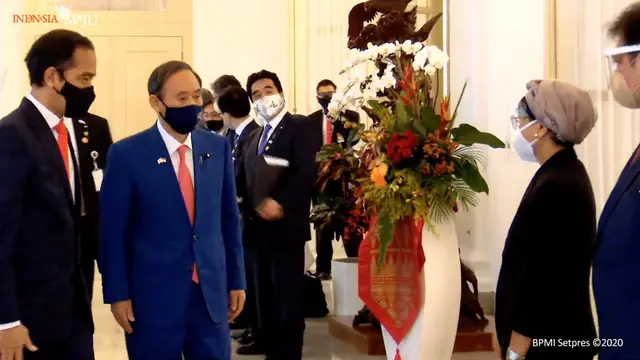 Sejumlah menteri kabinet terutama Menlu Retno Marsudi turut hadir dalam acara penyambutan PM Suga di Istana Bogor, Selasa (20/10/2020).