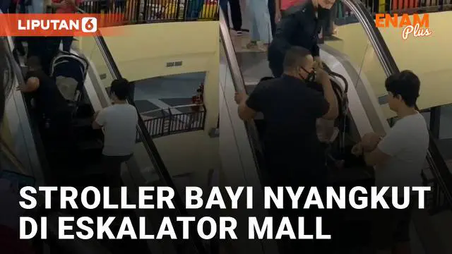 Sebuah stroller bayi tersangkut di eskalator mall mengundang perhatian