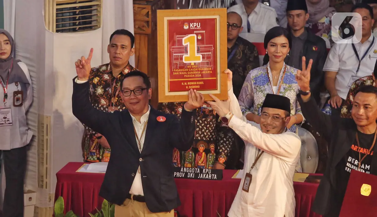 Hasil pengundian tersebut adalah untuk pasangan nomor urut 1 adalah Ridwan Kamil-Suswono. (Liputan6.com/Angga Yuniar)