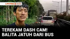Dash cam mobil merekam momen saat seorang balita terjatuh dari dalam bus di tol JORR Jakarta. Balita itu berhasil diselamatkan pengendara mobil yang melaju di belakang bus.