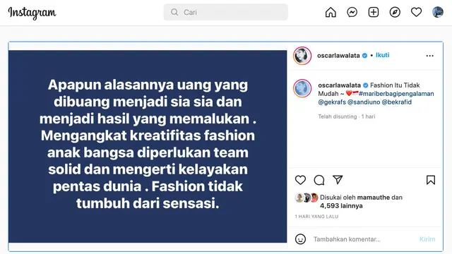 Unggahan Oscar Lawalata. (Foto: Dok. Instagram @oscarlawalata)