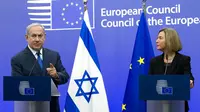 PM Israel Benjamin Netanyahu dan Kepala Kebijakan Luar Negeri Uni Eropa Federica Mogherini (AP Photo/Virginia Mayo)