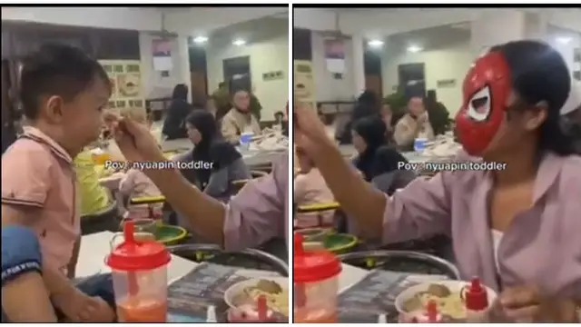 6 Momen Kocak Orang Tua ketika Suapi Anaknya Makan, Penuh Usaha