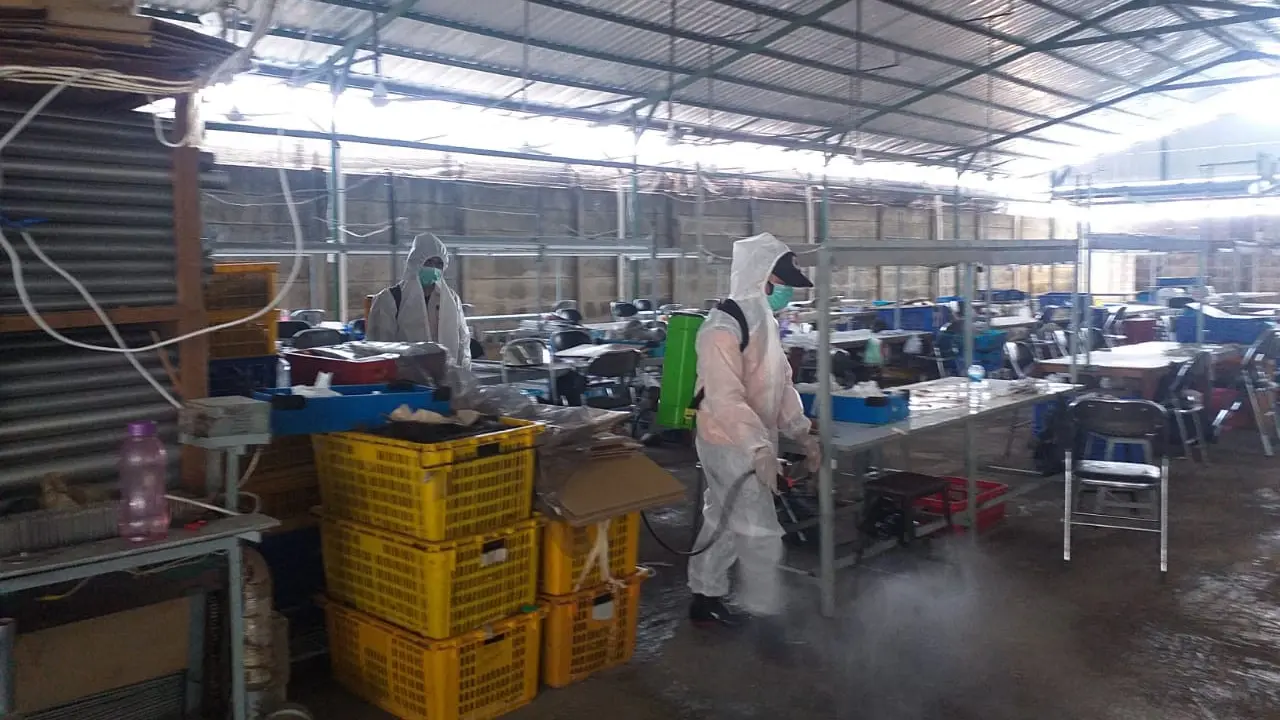 Tim BPBD Purbalingga menyemprot cairan disinfektan di pabrik lokasi penemuan pasien positif COVID-19 di Purbalingga, Minggu (15/11/2020). (Foto: Liputan6.com/Istimewa)