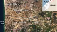 Jalan baru yang dibangun Israel di Jalur Gaza, yang disebut&nbsp;Highway 749. (Dok. Planet Labs PBC via BBC)