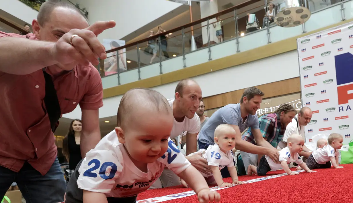 Sejumlah orang tua memberikan arahan kepada anaknya saat mengikuti lomba 'Balap Bayi' di Vilnius, Lithuania (1/6). Lomba ini diadakan dalam rangka memperingati Hari Anak Internasional. (REUTERS/Ints Kalnins)