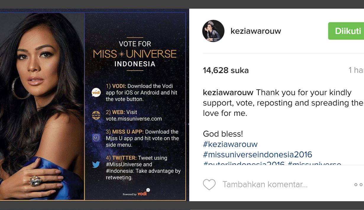 Pertama, cara dukung Kezia Warouw dengan mem-follow akun IG (Instagram) Kezia Warouw di @keziawarouw. Itu penting, karena jumlah followers itu juga diperhitungkan sebagai "The Most Followed on Instagram." (Instagram/@keziawarouw)