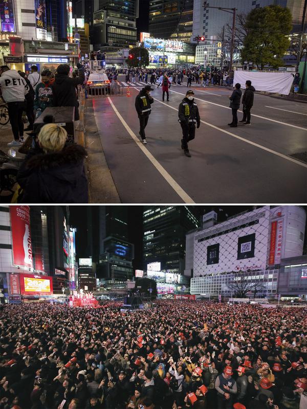 Gambar combo terlihat di atas, polisi mengarahkan pengunjung di penyeberangan Shibuya, lokasi populer untuk Malam Tahun Baru, 31 Desember 2020, di Tokyo, dan di bawahnya, orang-orang berkumpul menyambut Tahun Baru di penyeberangan di Tokyo, 1 Januari 2020. (AP Photo/Kiichiro Sato and Shohei Miyano)