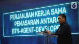 Direktur Consumer PT Bank Tabungan Negara (Persero) Tbk, Hirwandi Gafar memberi sambutan pada Perjanjian Kerja Sama (PKS) antara BTN-Agent Pemasaran dan Developer di Jakarta, Jumat (18/3/2022). (Liputan6.com/HO/BTN)