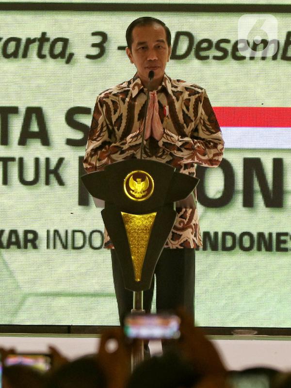 Presiden Joko Widodo saat berpidato dalam pembukaan Munas X Partai Golkar di Jakarta, Selasa (3/12/2019). Munas Partai Golkar yang berlangsung pada 3-6 Desember 2019 beragendakan pemilihan Ketua Umum Partai Golkar. (Liputan6.com/Johan Tallo)