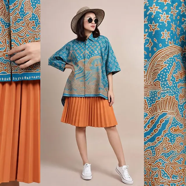 Model Baju Batik Atasan dan Bawahan Rok Terbaru #12: Blus Batik Oversize dengan Rok Mini Plisket
