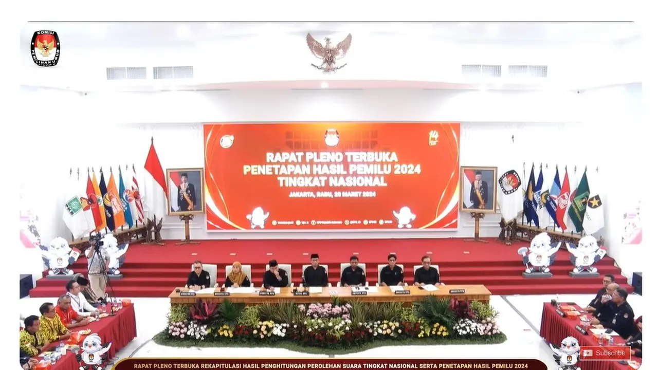 Komisi Pemilihan Umum Republik Indonesia (KPU RI) membacakan hasil rekapitulasi nasional Pemilihan Umum atau Pemilu 2024 pada Rabu (20/3/2024).