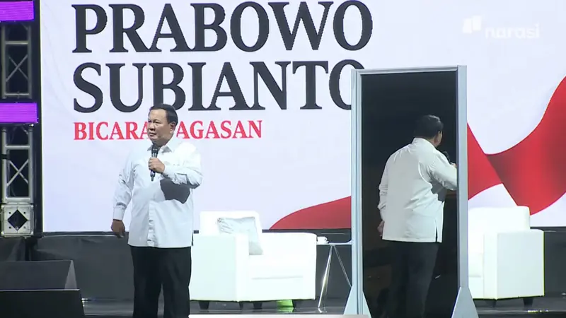 Prabowo Subianto di acara 'Mata Najwa On Stage: 3 Bacapres Bicara Gagasan' di Graha Sabha Pramana Universitas Gadjah Mada (UGM), Yogyakarta pada Selasa (19/9/2023) malam.