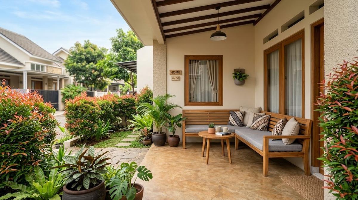 Ide Teras Rumah Tipe 36 dengan Pucuk Merah Tanpa Terlihat Sempit/AI Gemini