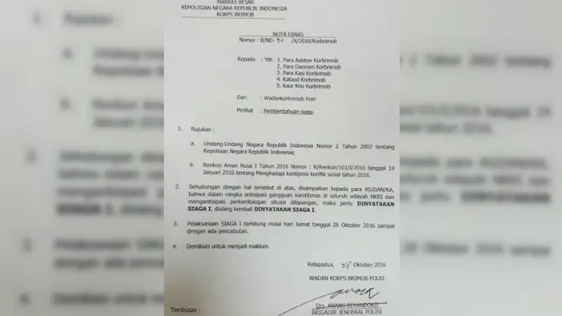 Surat Korps Brimob tentang pemberlakuan status keamanan 'Siaga I' di seluruh wilayah NKRI.