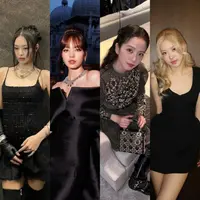 Halter dress bling-bling yang dipadukan dengan fur sleeve beri impresi elegan sekaligus glamor pada penampilan Jennie. [@jennierubyjane].