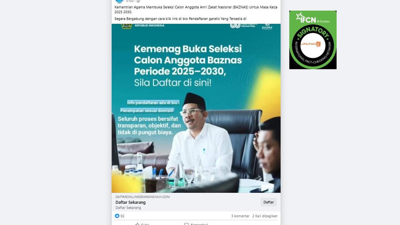 Tangkapan layar klaim link pendaftaran seleksi anggota Baznas masa kerja 2025-2030 yang beredar di Facebook.