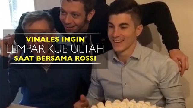 Berita video pebalap MotoGP, Maverick Vinales ingin lempar kue ultah saat foto bersama rekan setim di Movistar Yamaha Valentino Rossi.