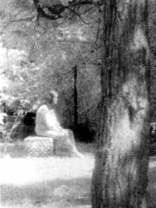 Foto ini diambil di Pemakaman Bachelor Grove, dekat Chicago, oleh Perkumpulan Peneliti Hantu (GRS) pada 10 Agustus 1991. Sang fotografer, Mari Huff mengaku tak ada orang saat ia mengabadikan makam tersebut. (paranormal.about.com)