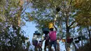 Anak-anak membawa air dari Rio Branco saat fajar di Kalunga quilombo, di daerah pedesaan Cavalcante di negara bagian Goias, Brasil, Senin (15/8/2022). Nenek moyang penduduk desa Kalunga quilombo menetap di sana sebagai budak yang melarikan diri lebih dari 200 tahun yang lalu. (AP Photo/Eraldo Peres)
