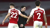 Ekspresi kegembiraan terpancar dari wajah Mikel Arteta usai Arsenal mengalahkan Chelsea 3-1 dalam lanjutan Liga Inggris 2020/2021. (Julian Finney Pool via AP)