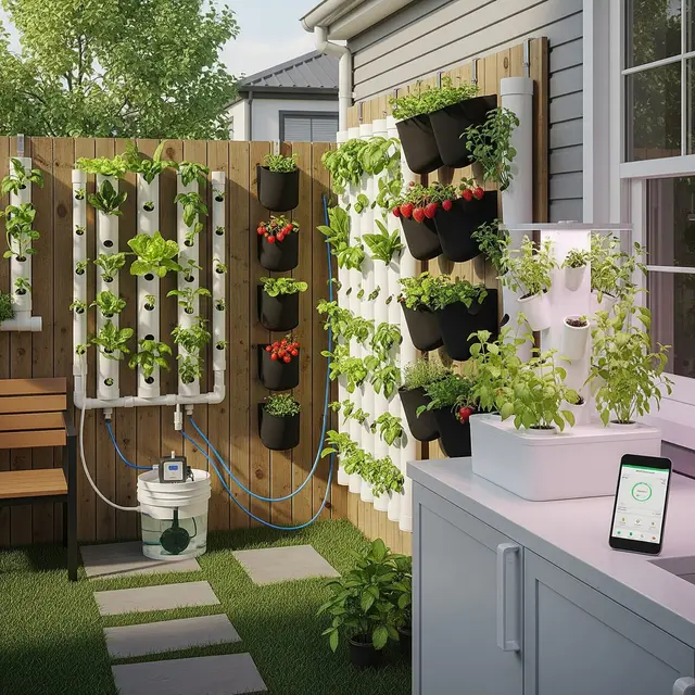 Model Halaman Belakang Rumah Kecil dengan Kebun Hidroponik Modern (Image by Gemini AI)