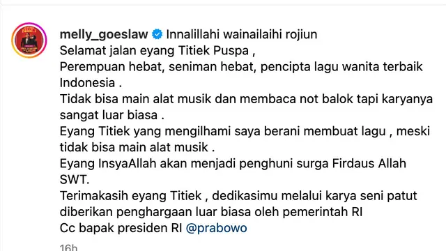 Unggahan Melly Goeslaw. (Foto: Dok. Instagram @melly_goeslaw)