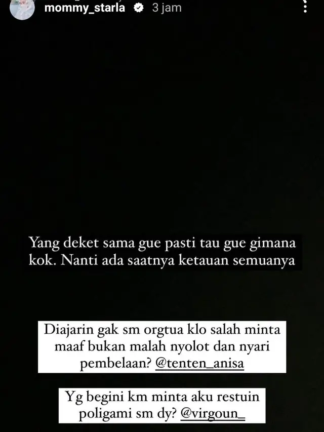 Labrakan virtual Inara Idola Rusli terhadap Tenten Anisa yang diduga jadi selingkuhan Virgoun. (Foto: Dok. Instagram @mommy_starla)