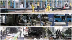Foto kombinasi menunjukkan sejumlah fasilitas umum porak-poranda usai demo anarkis yang dilakukan massa dalam rangka menolak UU Cipta Kerja di Jakarta, Jumat (9/10/2020). (Liputan6.com/Helmi Fithriansyah, Faizal Fanani, Angga Yuniar)