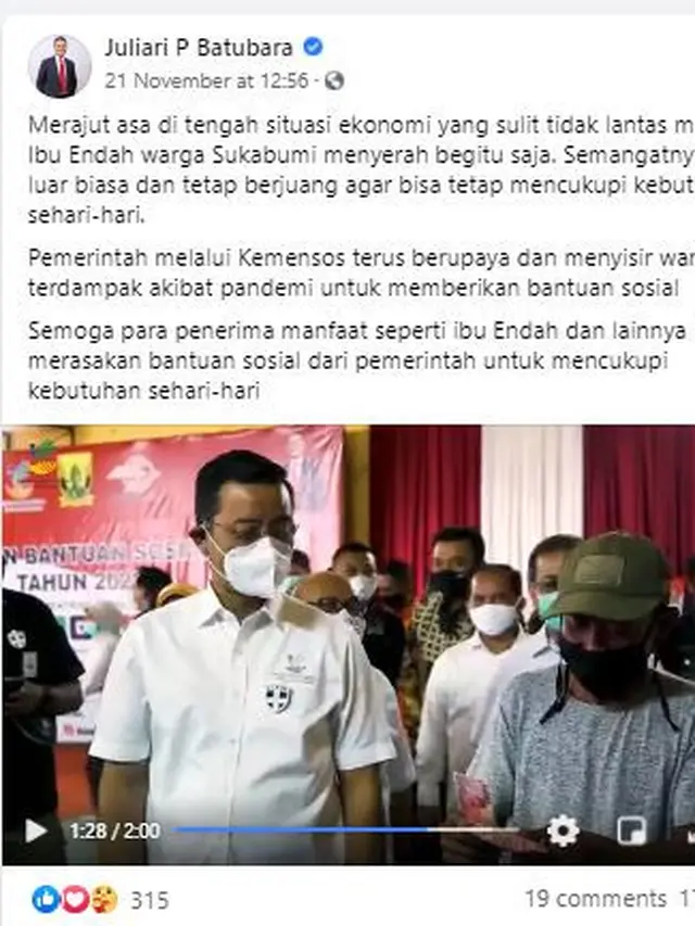 Unggahan di akun Facebook Menteri Sosial (mensos) Juliari Batubara. (Facebook/ Juliaribatubara)