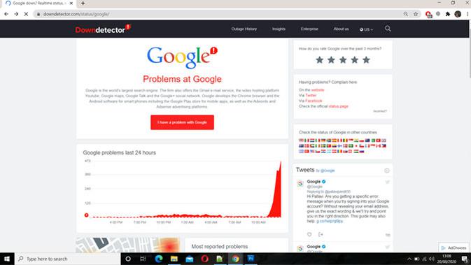 Layanan Google, seperti Gmail dan Drive down atau sedang mengamali gangguan. (Doc: Downdetector)