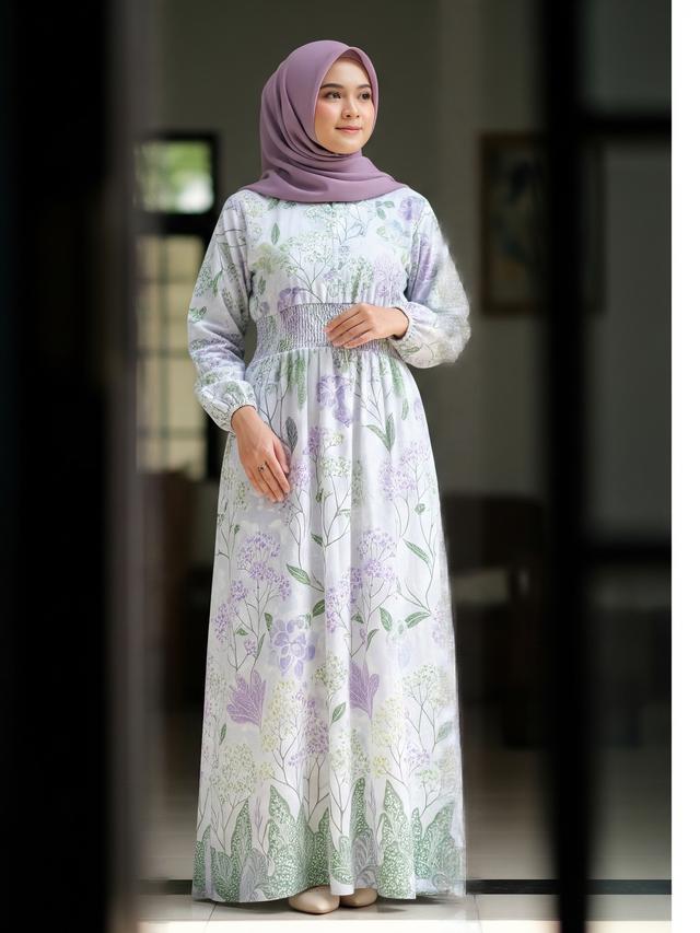 Gamis Batik Smock Waist Motif Bunga Baby’s Breath Pastel