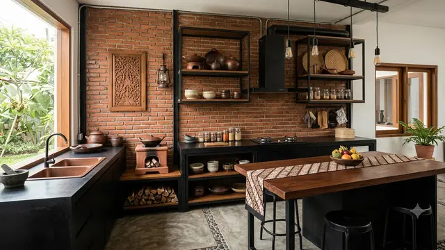 Ide Dapur Tema Pawon Jawa, Tampil Modern Minimalis Ala Tradisional Model Industrial dengan Bata Ekspos