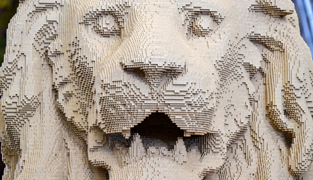 Sebuah foto pada 28 Oktober 2022 menunjukkan bagian dari patung singa raksasa dari lego, replika salah satu patung singa dari jembatan tertua Hungaria - Chain Bridge - di Budapest. Replika patung singa dari jembatan tertua Hungaria, Szechenyi Lanchid, tersusun dari 850 ribu keping Lego dalam 560 jam oleh seniman Balazs Doczy. (ATTILA KISBENEDEK / AFP)