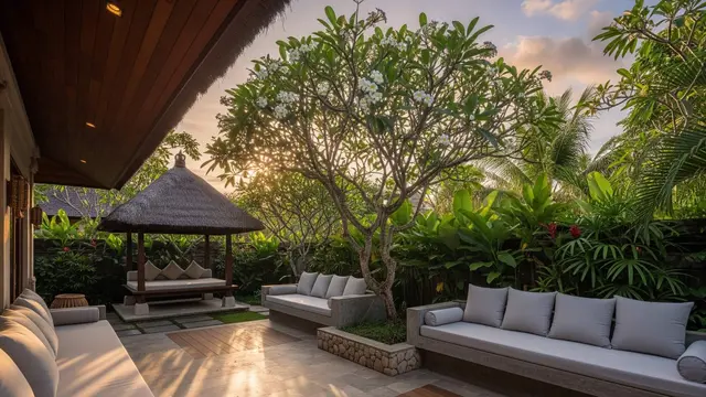 Model Teras Depan Rumah dengan Pohon Kamboja Bikin Nuansa Bali