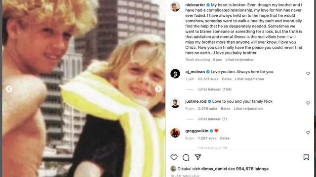 Unggahan Nick Carter soal Aaron Carter meninggal dunia. (Foto: Dok. Instagram @nickcarter)