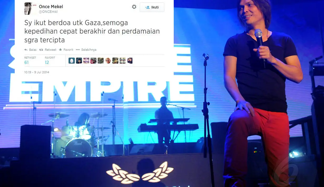 Melalui akun twitternya, penyanyi Once pun menyampaikan empatinya untuk Palestina. (Liputan6.com/Faisal R Syam)
