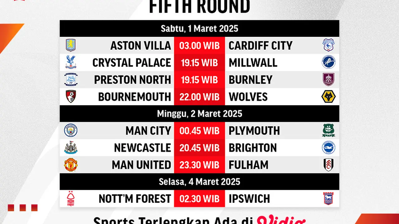 Jadwal dan Link Siaran Langsung FA Cup 2024/25 5th Round di Vidio Akhir Pekan Ini