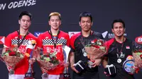 Kevin Sanjaya Sukamuljo/Marcus Fernaldi Gideon (merah), menjadi juara Denmark Terbuka 2019 setelah mengalahkan Mohammad Ahsan/Hendra Setiawan (hitam) di laga final, Minggu (20/10/2019). (Dok. PBSI)