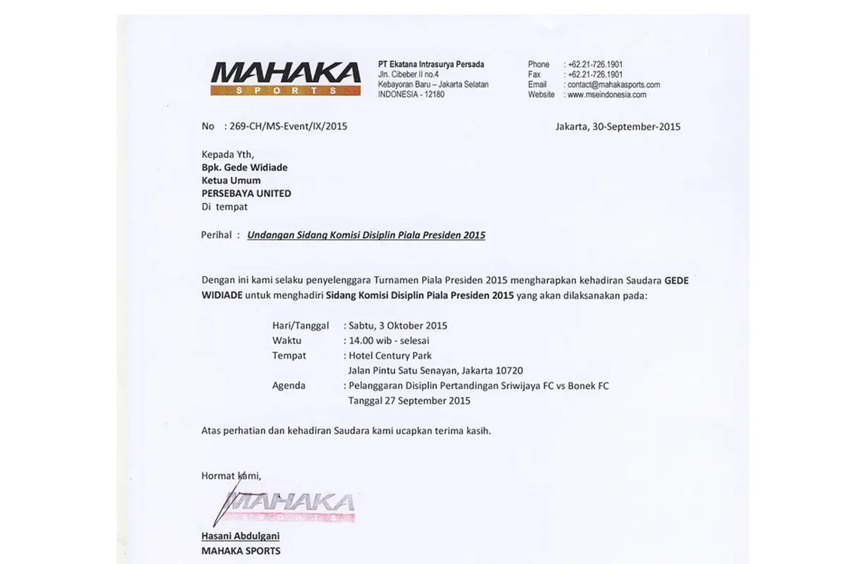 Surat panggilan buat Bonek FC
