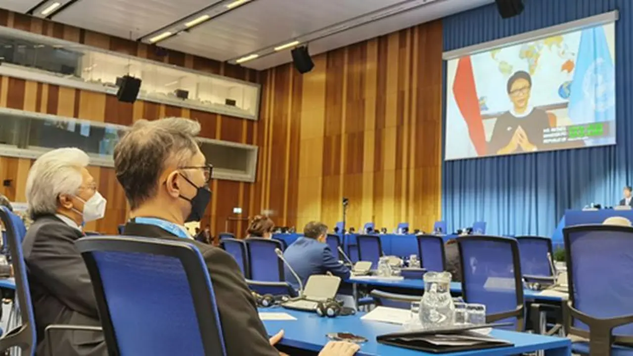 Menteri Luar Negeri RI Retno L.P. Marsudi dalam General Conference (GC) ke-65 Badan Energi Atom Dunia, IAEA, di Wina, Austria (20/9/2021).