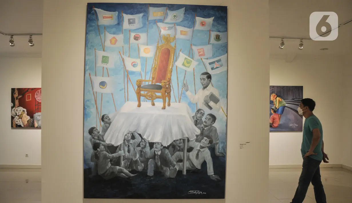 Salah satu karya lukis yang ditampilkan dalam pameran "Antara Kecemasan dan Harapan" di Gedung D Galeri Nasional Indonesia, Jakarta Pusat, Minggu (7/5/2023). (merdeka.com/Iqbal S Nugroho)