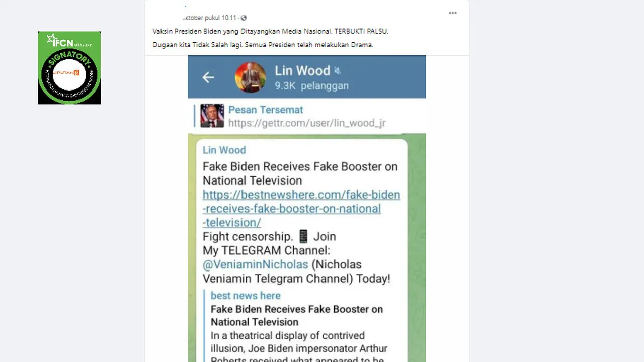 Cek Fakta Liputan6.com menelusuri klaim penyuntikan vaksin booster palsu pada Joe Biden